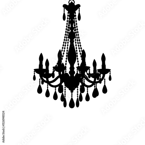 Silhouette of chandelier with crystal drops on white background, elegant ceiling decor