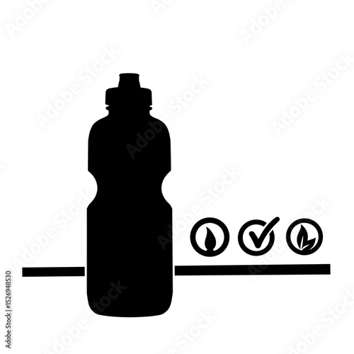 Silhouette of sports bottle with certification icons, wellness and nutrition symbol