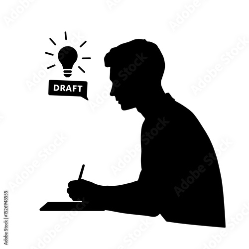 Silhouette of person writing with lightbulb above on white background, creativity and brainstorming