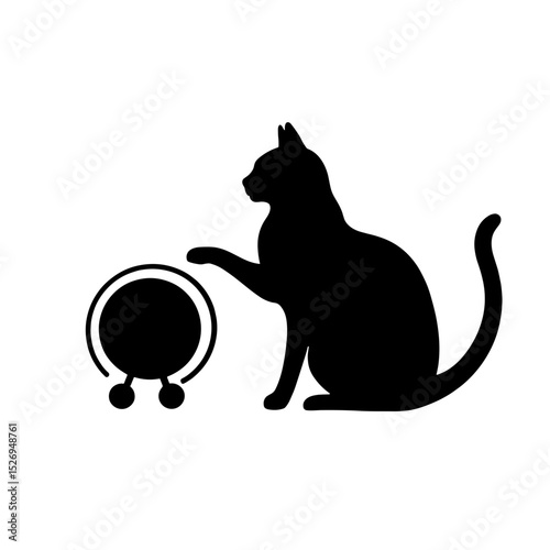 Silhouette of cat playing with toy ball on white background, feline curiosity motion