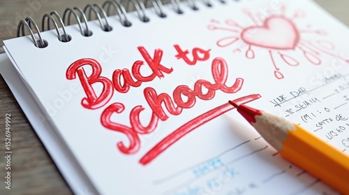 A close-up of a notebook with the words 'Back to School' written in red. A yellow pencil rests beside it. The background is a wooden surface.