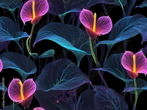 Glowing Fantasy Plant with Vibrant Bioluminescent Leaves and Radiant Spadices in Deep Blues, Purples, and Warm Oranges on a Dark Background, Kirlian Style Botanical Artwork
