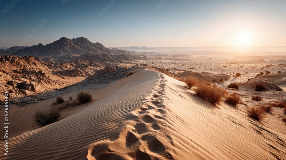 Naklejka premium The golden sands of a vast desert stretch towards the horizon, dotted with sparse vegetation. Mountains rise in the background as the sun sets, casting warm light over the landscape.
