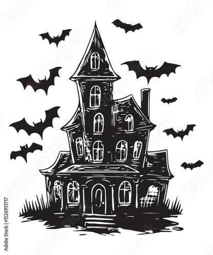 Silhouette Halloween house with bats flying around it and a pumpkin on the ground