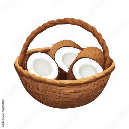 Coconut Fruit Basket 2D flat vector illustration, isolated on a white background.
