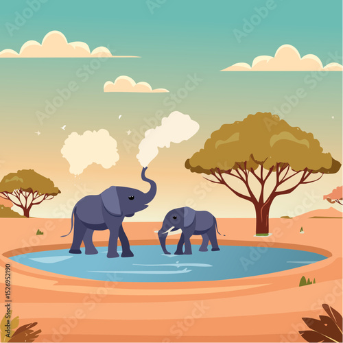 Elephants at a Waterhole – Dust clouds rising as a herd gathers, acacia trees in the background.
