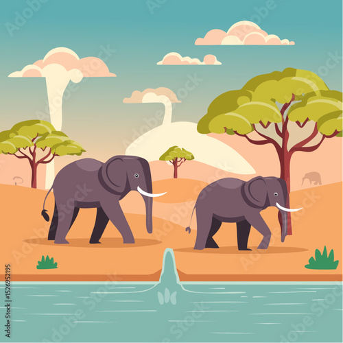 Elephants at a Waterhole – Dust clouds rising as a herd gathers, acacia trees in the background.
