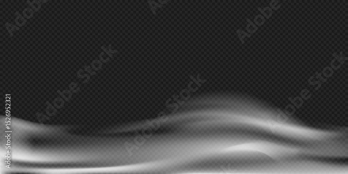 Horizontal Vapor Stream Effect with Soft Light Texture.Horizontal white smoke wave overlay with soft flowing motion and transparent background. Vector illustration