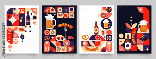 Oktoberfest themed poster templates in modern flat style with retro-modern and geometric minimalist elements featuring beer, pretzels, sausages, traditional German festival icons. Vector illustration