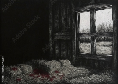 An abandoned barn with blood on the hay