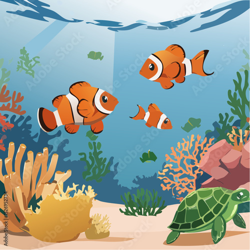 Coral Reef Close-Up – Clownfish among anemones, sea turtles gliding, vibrant coral textures.
