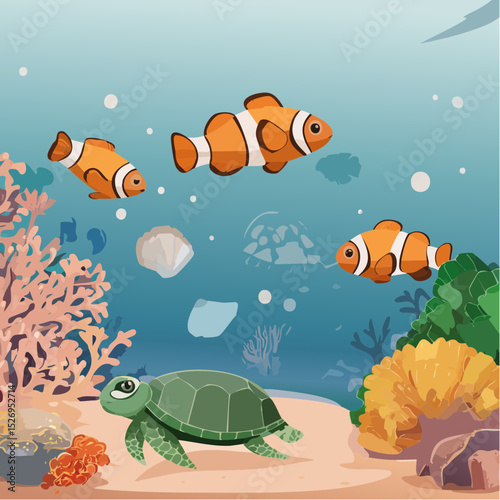 Coral Reef Close-Up – Clownfish among anemones, sea turtles gliding, vibrant coral textures.
