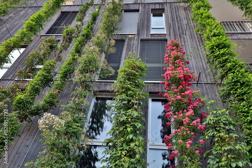 Begrünte Holzfassade im Stadtteil Vauban in Freiburg