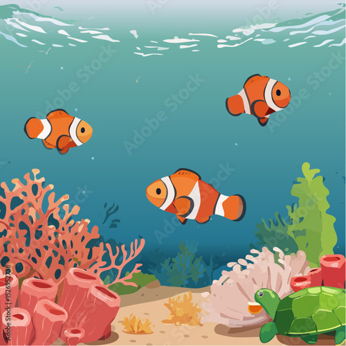 Coral Reef Close-Up – Clownfish among anemones, sea turtles gliding, vibrant coral textures.
