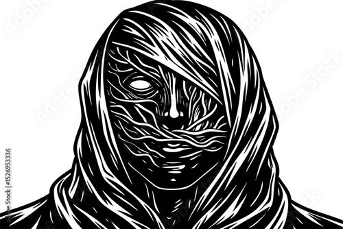 Scary and creepy male monster with gouged eyes looking like a skull. A faceless head covered in stretched pale skin