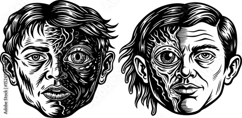 A half-melted face with one realistic eye remaining. Horror face
