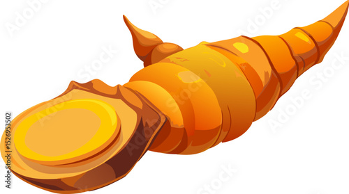 A turmeric root showing orange interior on a white background