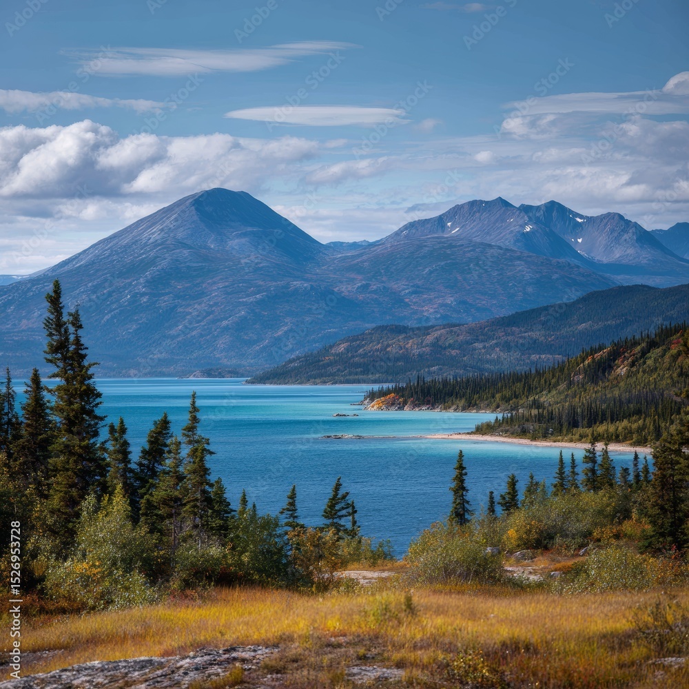 Naklejka premium A serene landscape with a vast lake surrounded by majestic mountains. The tranquil waters reflect the clear blue sky, and the lush greenery adds to the natural beauty
