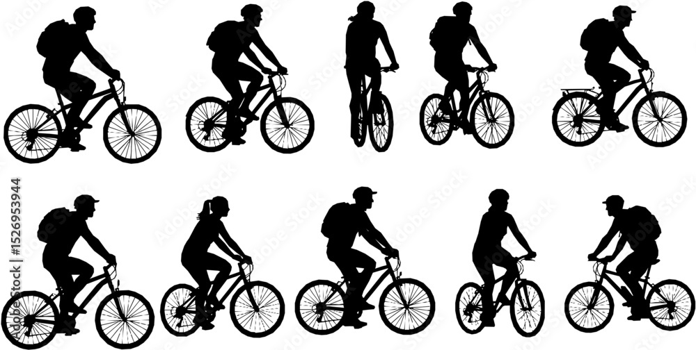 Obraz premium people riding bicycle silhouette set on white background, vector 