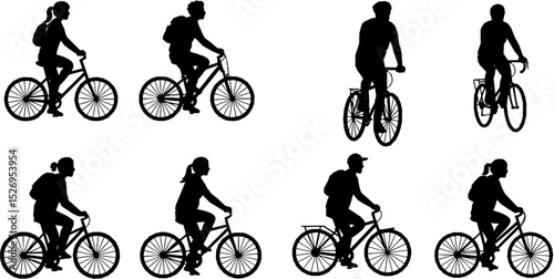 people riding bicycle silhouette set on white background, vector
