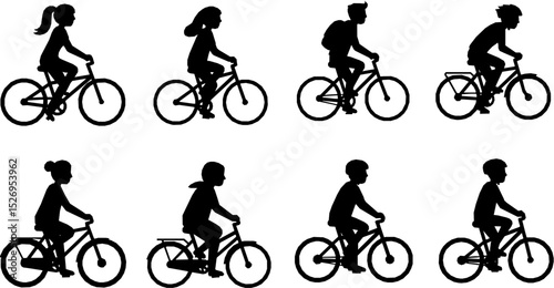 people riding bicycle silhouette set on white background, vector
