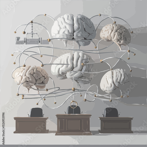 A visual metaphor of AI tools and human brains interconnected by clean data nodes, floating in harmony above a courtroom table; flat design, white background, minimal elements,