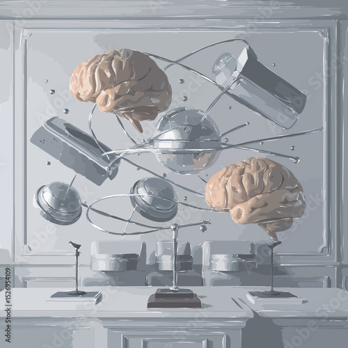 A visual metaphor of AI tools and human brains interconnected by clean data nodes, floating in harmony above a courtroom table; flat design, white background, minimal elements,