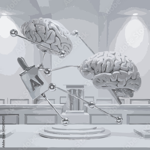 A visual metaphor of AI tools and human brains interconnected by clean data nodes, floating in harmony above a courtroom table; flat design, white background, minimal elements,