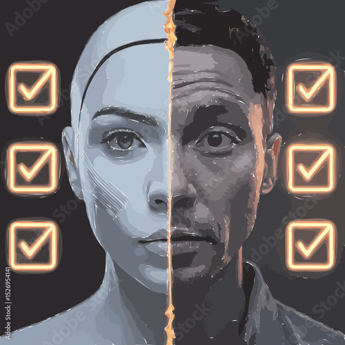 Split portrait of a human and AI-generated clone—half real, half digital illusion—with glowing verification checkmarks