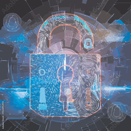 A lock symbol overlapped with biometric patterns and face ID icons, representing data and identity protection in a synthetic world
