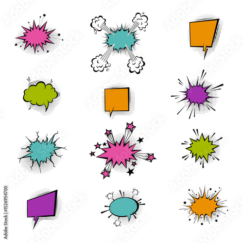 Speech bubbles with halftone shadows in cartoon, comic style.