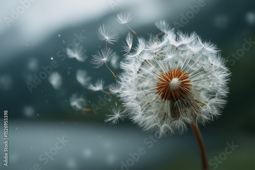 A dreamy macro shot of a dandelion in the process of scattering its seeds