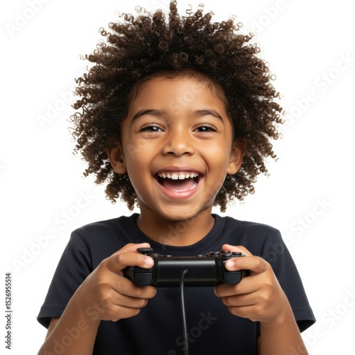 Young boy is thrilled while playing a video game with a game controller.