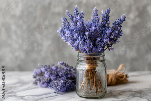 bundle of dried lavender in glass jar on marble counter, natural home scent decor