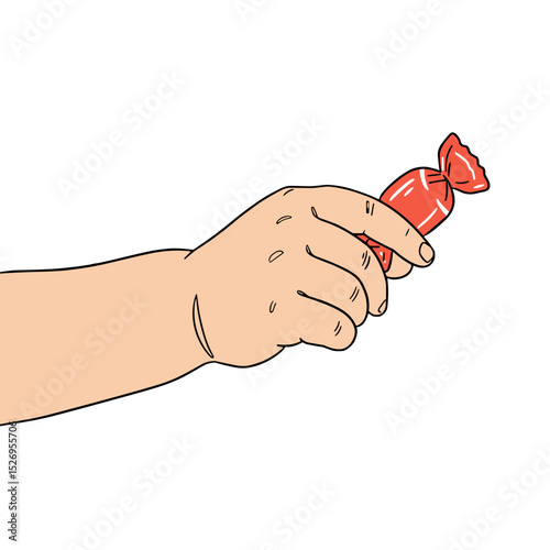Hand holding red candy wrapper against white background  