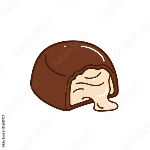 Chocolate candy with creamy filling partially exposed  