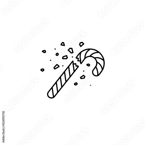 Broken candy cane with scattered pieces on white background  