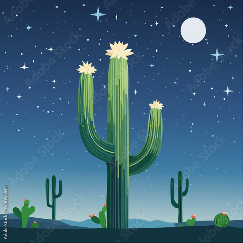 Cactus Bloom at Night – Saguaro cactus with rare night-blooming flowers and a star-filled sky.
