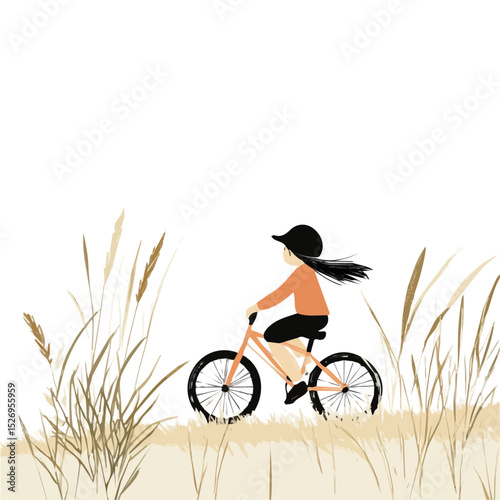 Child Riding Bike Fields 2D flat vector illustration, isolated on a white background.