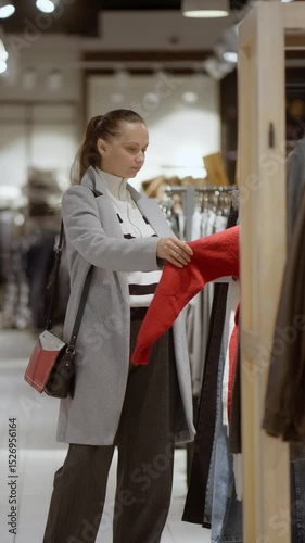 A woman browses racks of clothes, shopping in a modern retail store. Her process of choosing new apparel from a large selection illustrates modern fashion and consumerism.