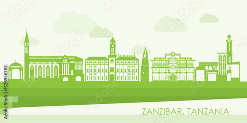 Green Skyline panorama of Zanzibar, Tanzania - vector illustration