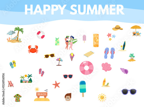 Summer Beach Vector Bundle – Watercolor Frames, Ornaments, Waves, Ribbons, Vacation Elements Clipart