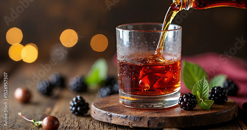 Luxurious Blackberry Brandy in Crystal Snifter on Rustic Table - Ideal for Alcohol Advertisements and Upscale Promotions