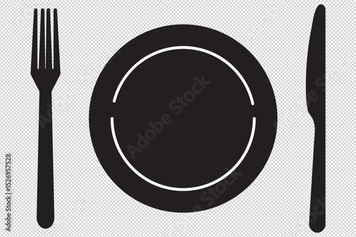 Fork, knife and plate. Menu symbol. Tableware instruments. Restaurant icon. Food, plate, fork, knife, cutlery icon set EPS 10