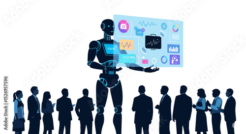 Robot Presenting Data to a Group of People Artificial Intelligence in Business Future of Work Technology and Innovation Automation and Human Collaboration