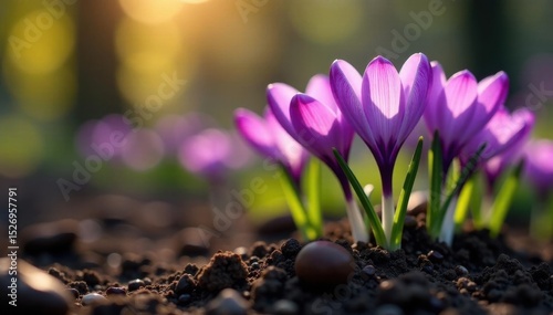 Delicate purple crocus blooms emerge from rich soil , sunshine, petals, outdoor