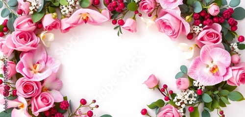 Heart-shaped floral frame with pink roses, white orchids, berries, gypsophila, eucalyptus, and green plants Perfect for wedding invitations,  graphic, wedding
