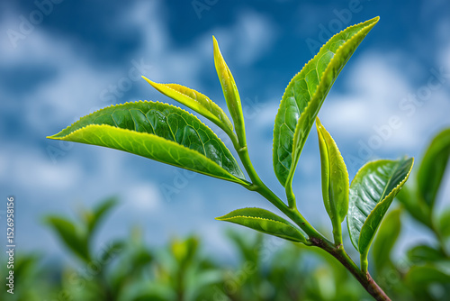 Tea Leaves Beauty: Captivating shot of fresh, verdant tea leaves reaching towards a bright, clouded sky. Evoking a sense of purity and freshness.