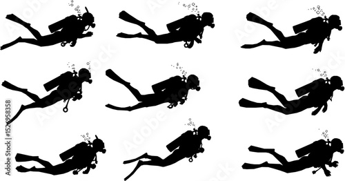 Vector detailed set silhouettes of scuba diving isolated on white background. Vector illustration
