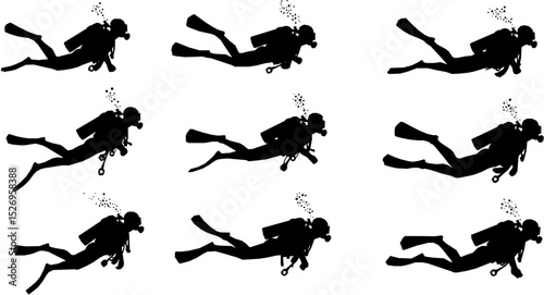 Vector detailed set silhouettes of scuba diving isolated on white background. Vector illustration
